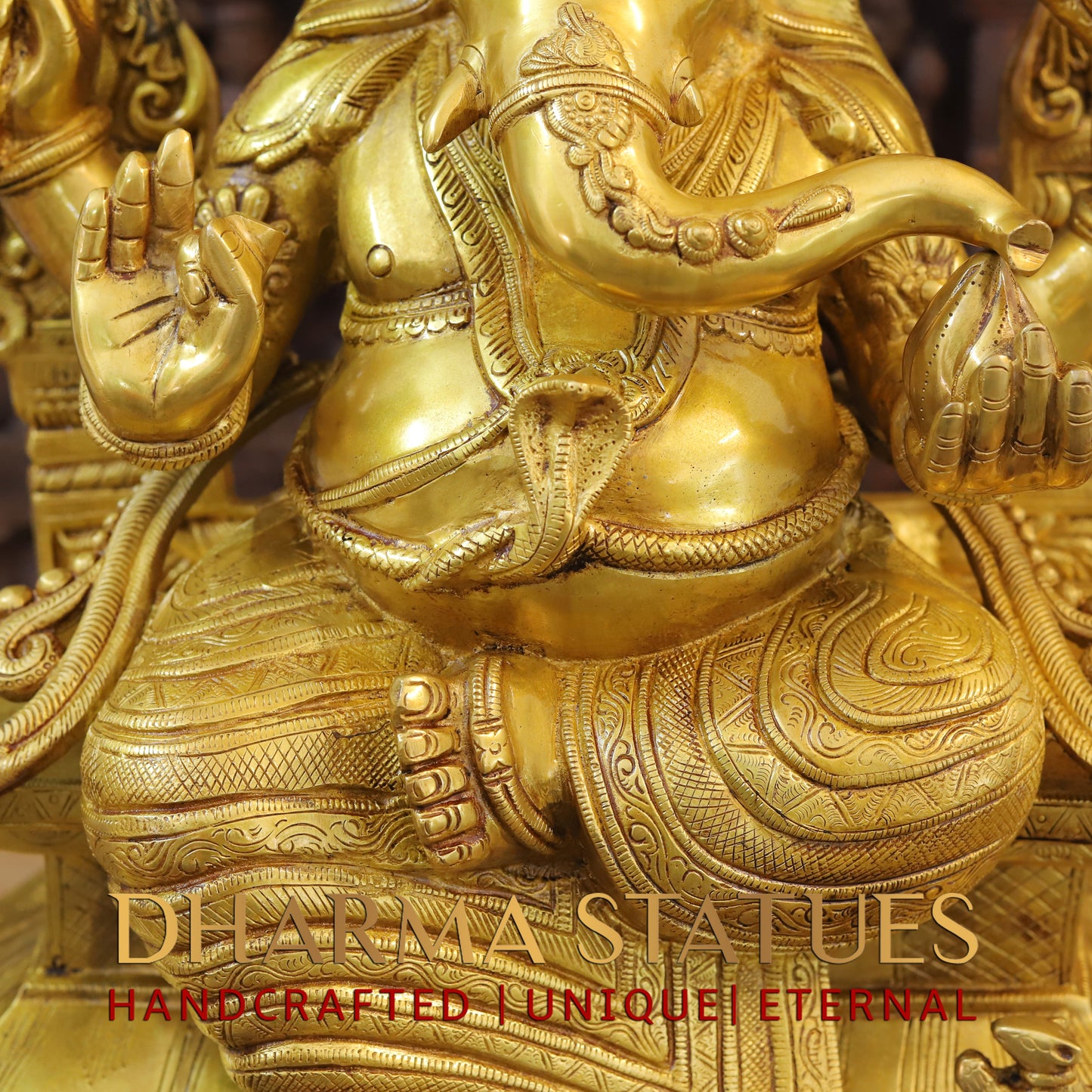 Brass Ganesh seated on Throne, Blessing Posture, Fine Golden Finish, 28.5"