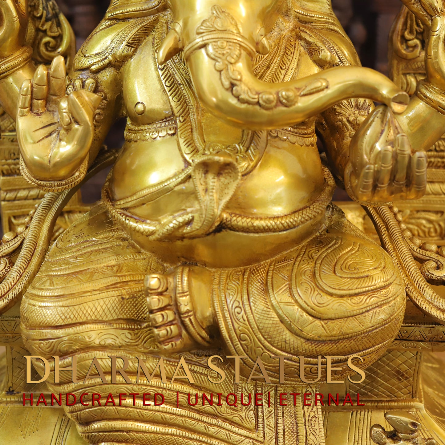 Brass Ganesh seated on Throne, Blessing Posture, Fine Golden Finish, 28.5"