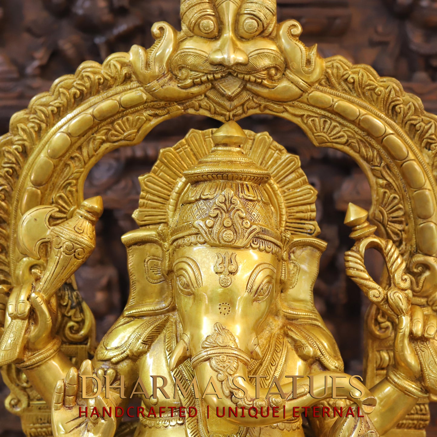 Brass Ganesh seated on Throne, Blessing Posture, Fine Golden Finish, 28.5"