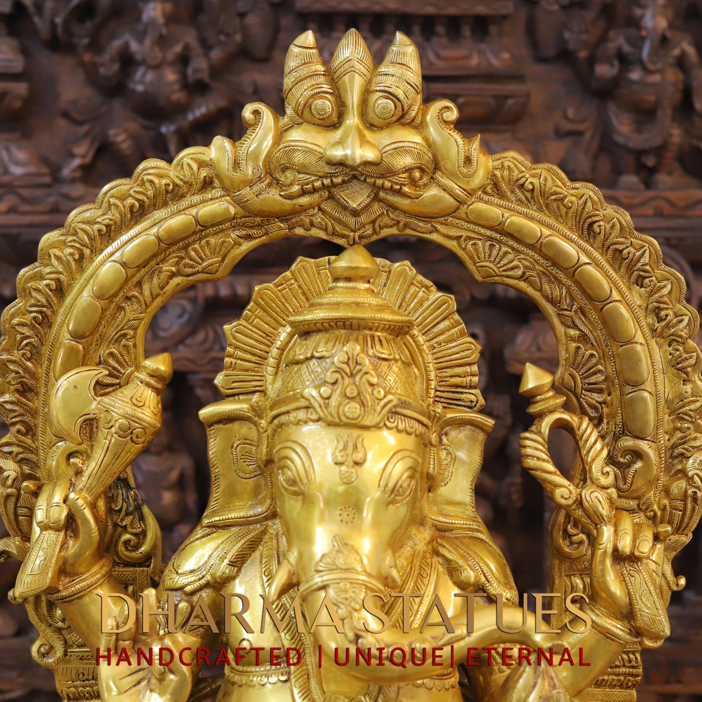 Brass Ganesh seated on Throne, Blessing Posture, Fine Golden Finish, 28.5"