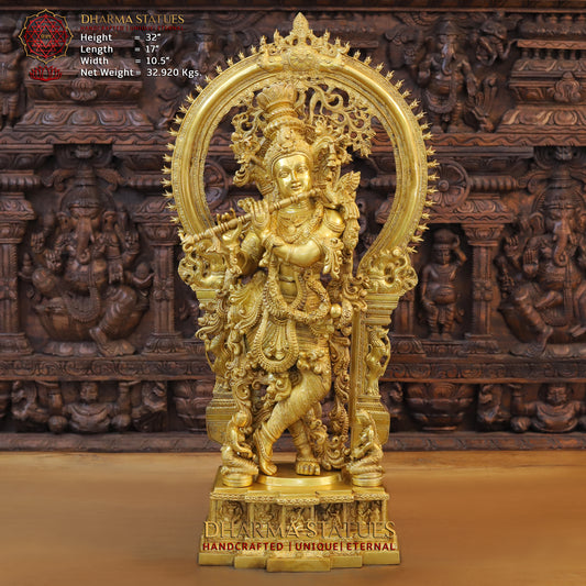 Brass Krishna standing behind Frame, Fine Golden Finish, 32"