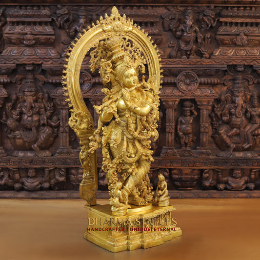 Brass Krishna standing behind Frame, Fine Golden Finish, 32"