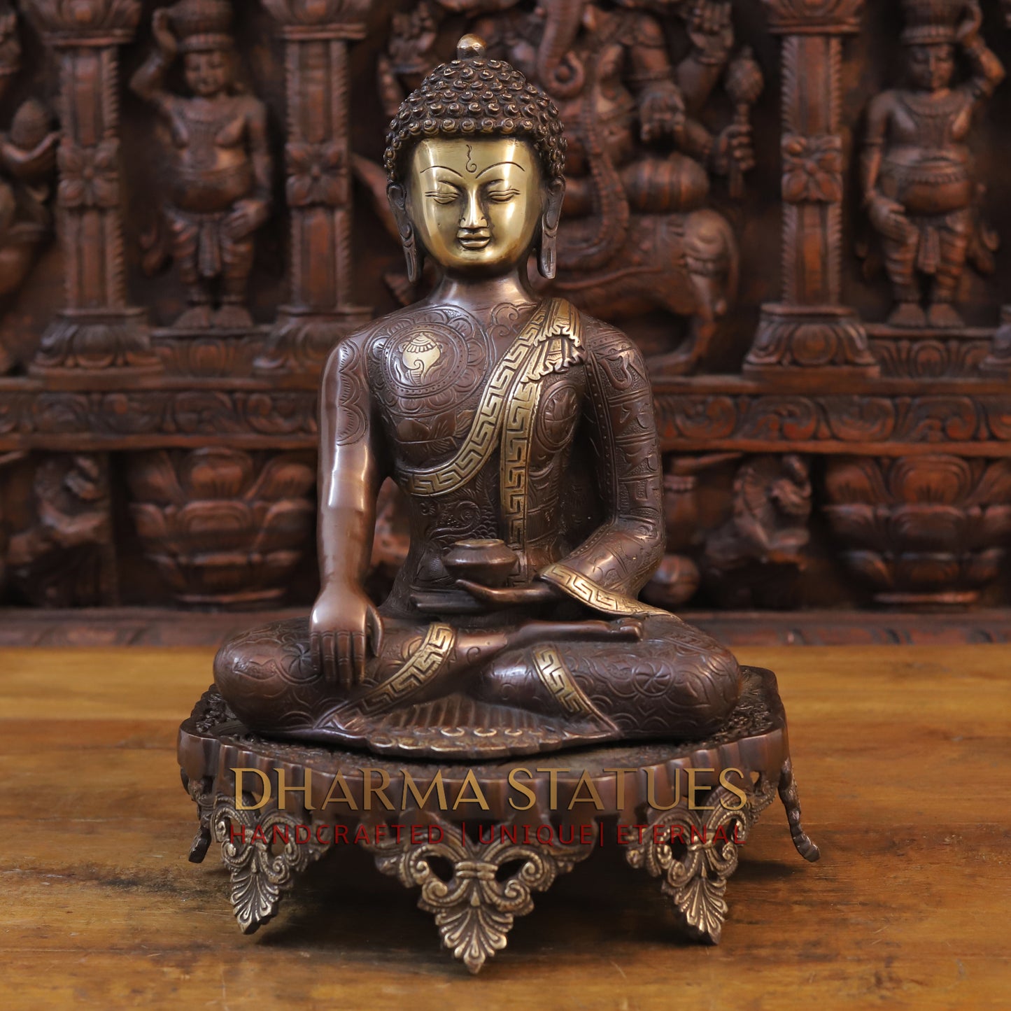 Brass Buddha Idol, Fine Carving Copper and Golden Finish 13"
