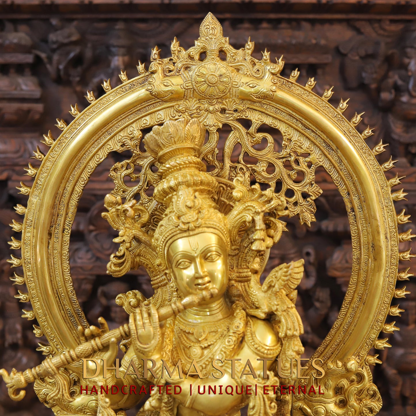 Brass Krishna standing behind Frame, Fine Golden Finish, 32"