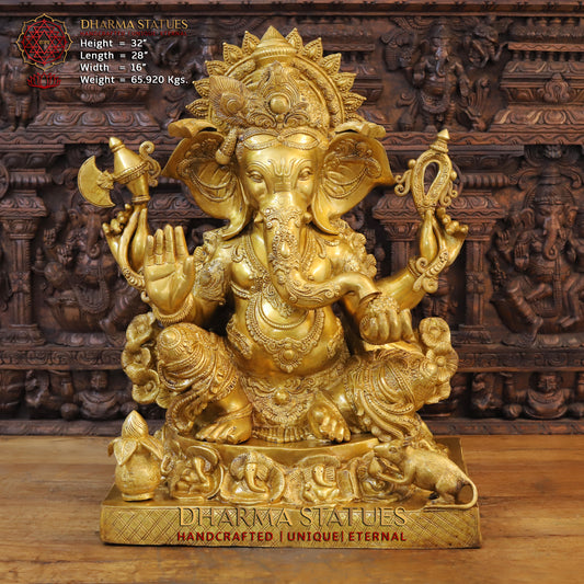 Brass Ganesh seated on Base, Blessing Posture, Fine Golden Finish, 32"