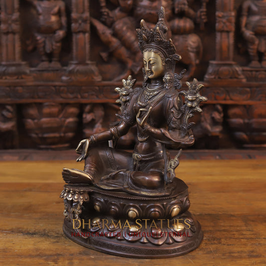 Brass Tara Devi Statue, Seated on Lotus, Copper Finish 14"