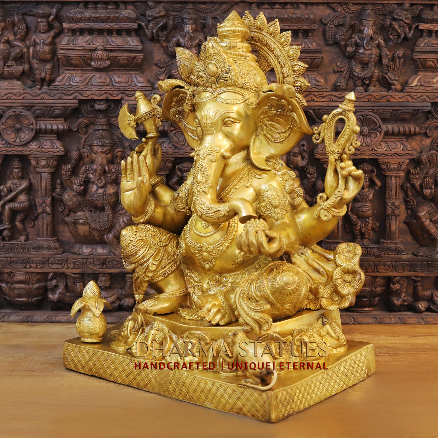 Brass Ganesh seated on Base, Blessing Posture, Fine Golden Finish, 32"