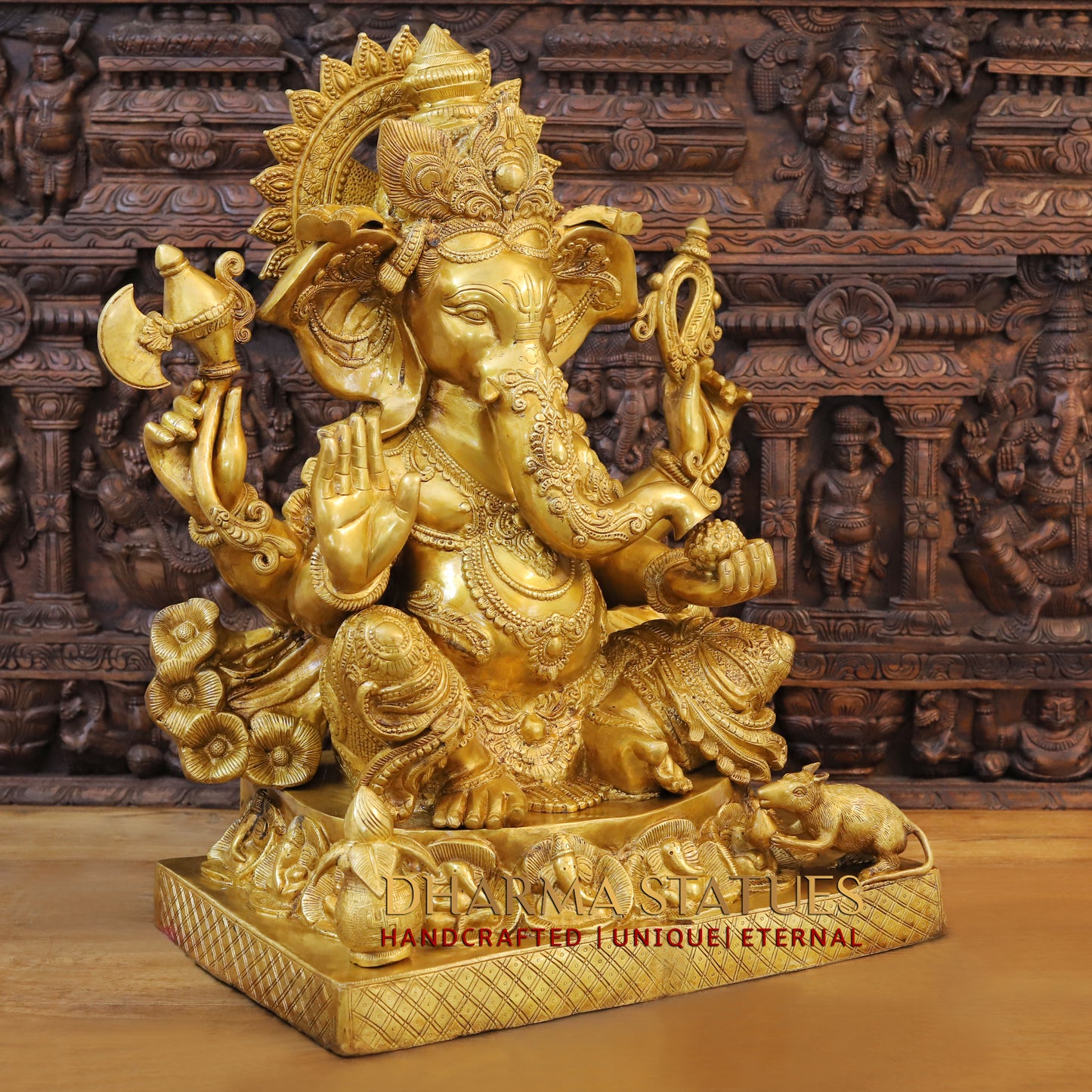 Brass Ganesh seated on Base, Blessing Posture, Fine Golden Finish, 32"