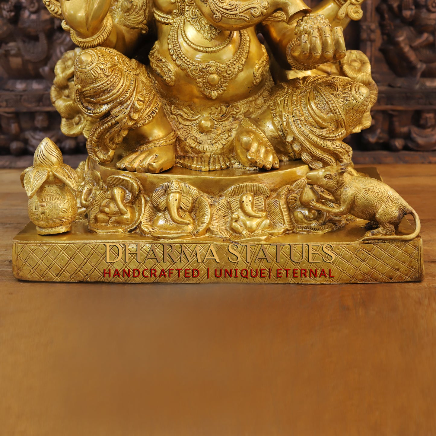 Brass Ganesh seated on Base, Blessing Posture, Fine Golden Finish, 32"