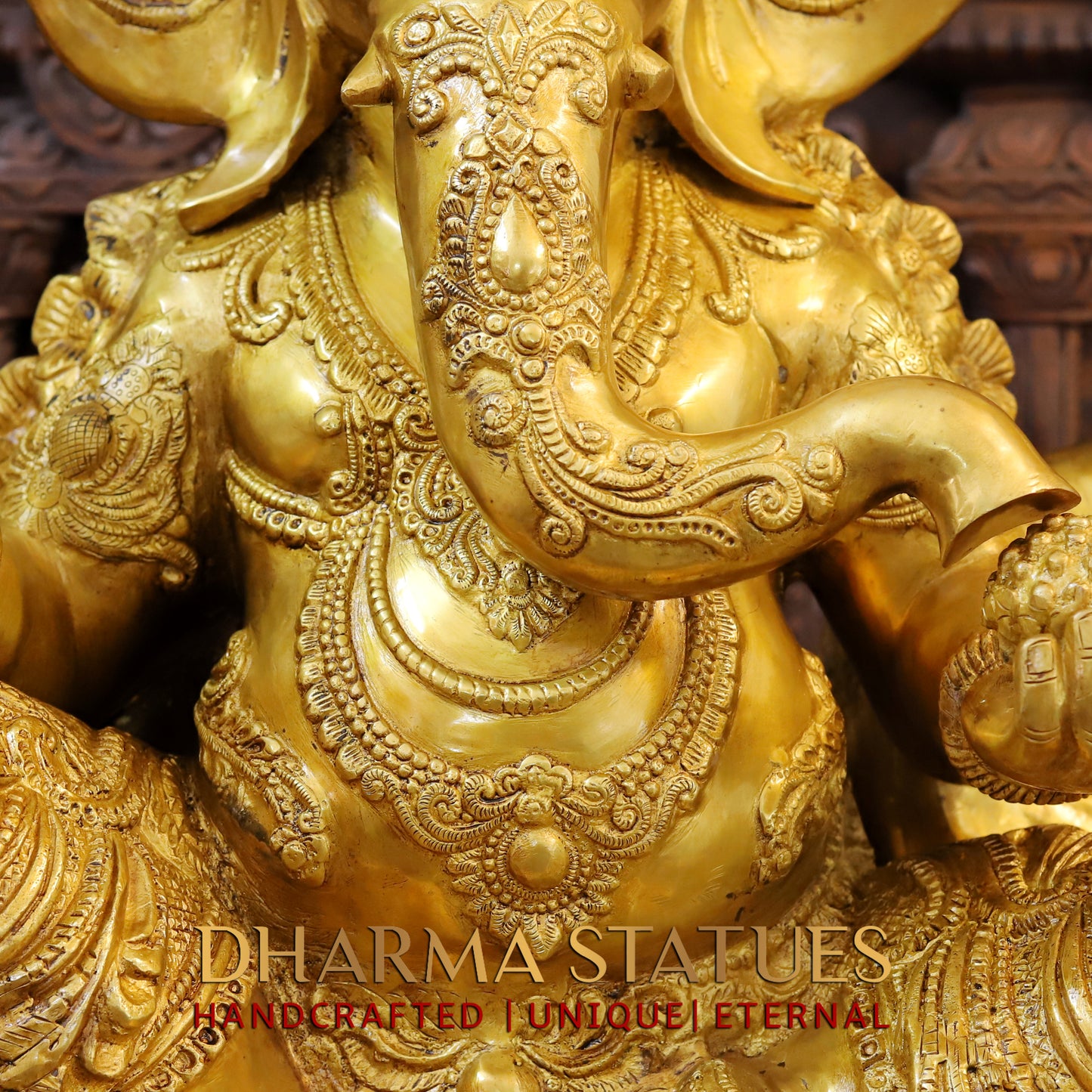 Brass Ganesh seated on Base, Blessing Posture, Fine Golden Finish, 32"