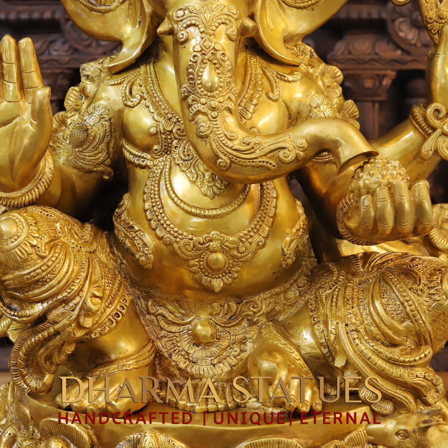 Brass Ganesh seated on Base, Blessing Posture, Fine Golden Finish, 32"