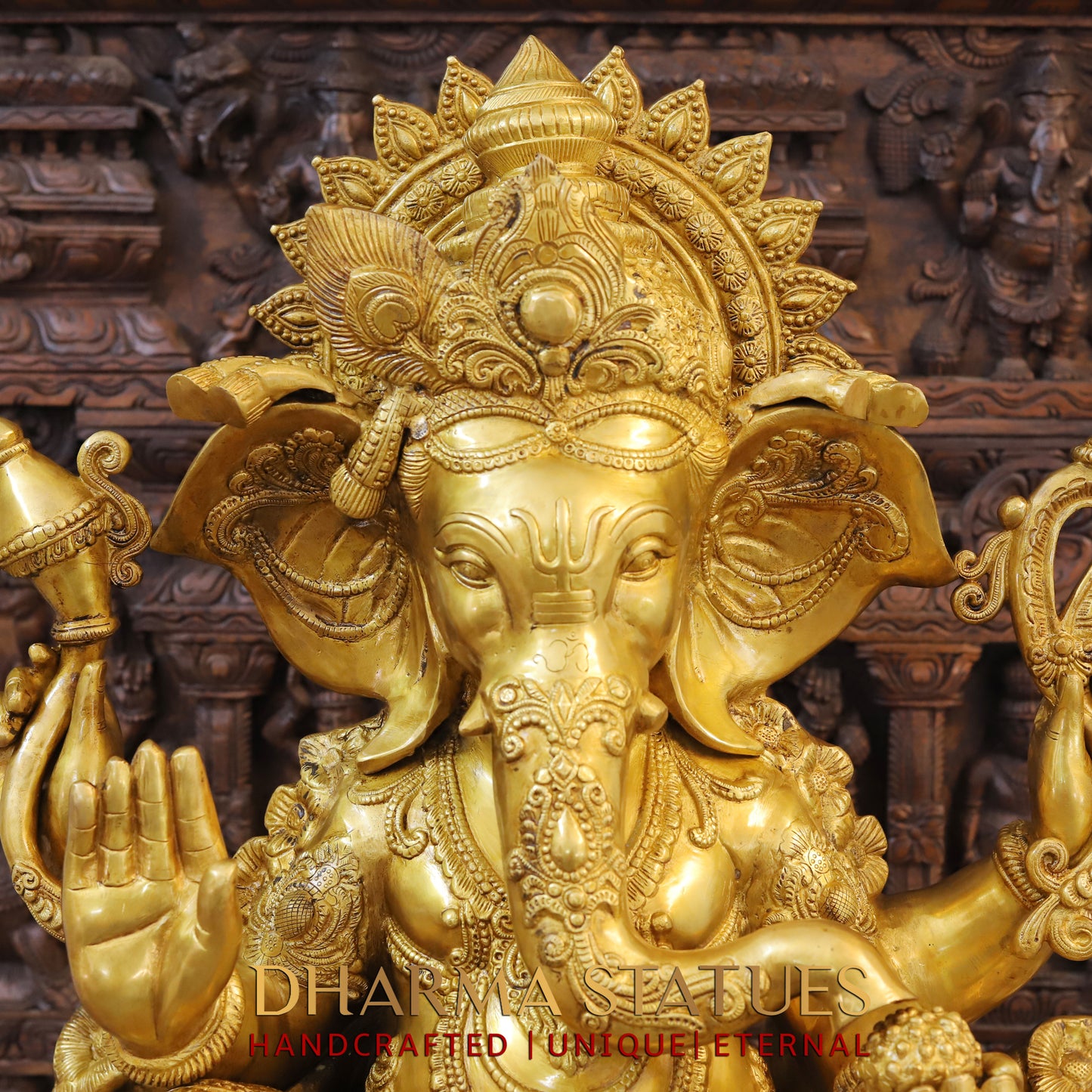 Brass Ganesh seated on Base, Blessing Posture, Fine Golden Finish, 32"