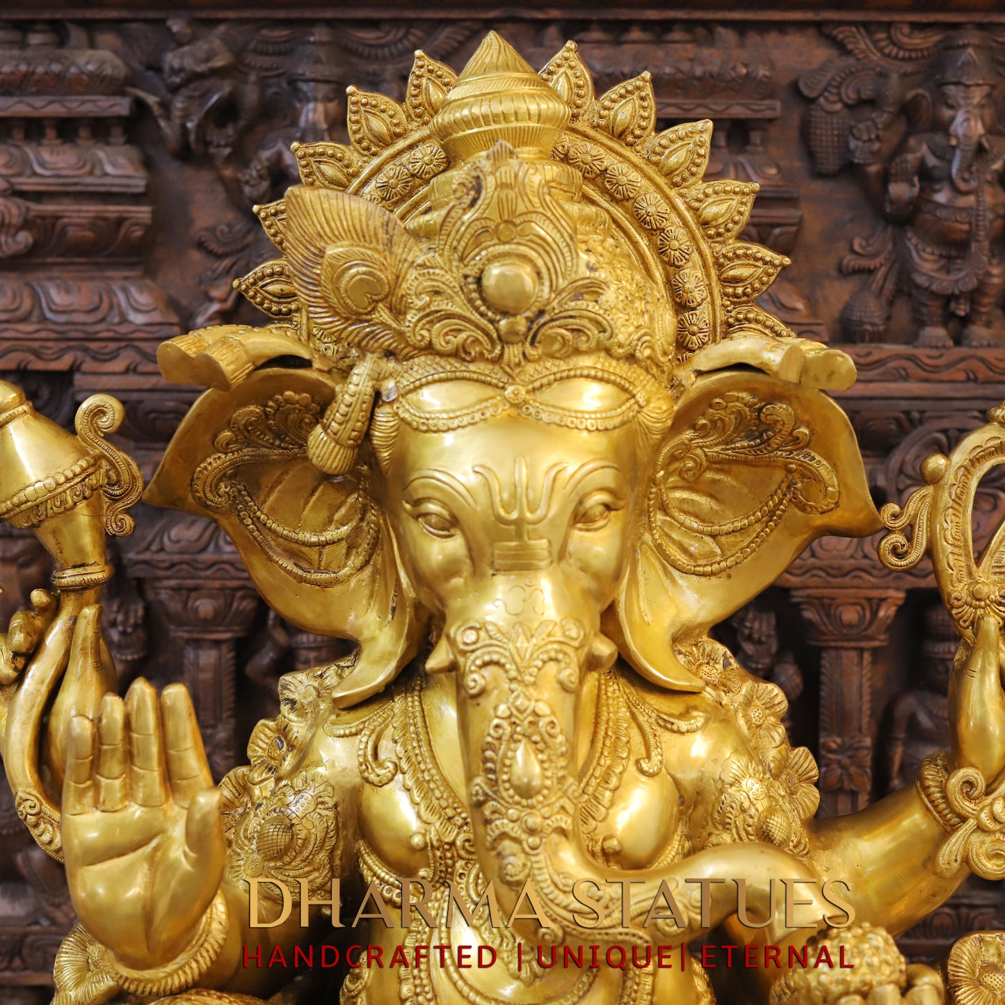 Brass Ganesh seated on Base, Blessing Posture, Fine Golden Finish, 32"