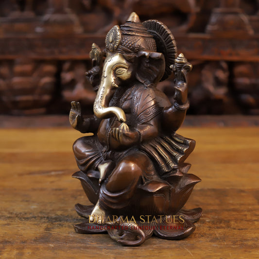 Brass Ganesh Seated on lotus, Copper & Gold Finish, 9"