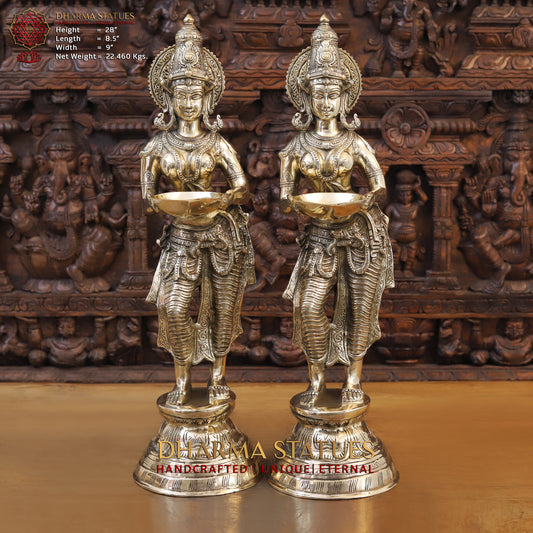 Brass Lakshmi pair holding Lamp, Golden Finish, 28"