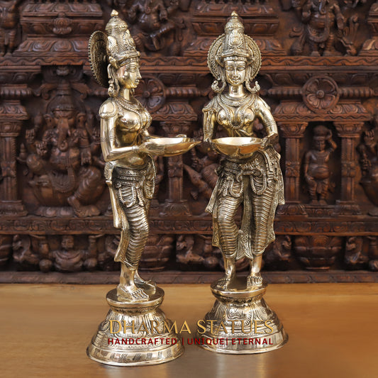 Brass Lakshmi pair holding Lamp, Golden Finish, 28"