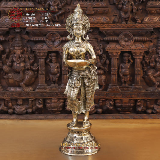 Brass Lakshmi standing with lamp, Golden Finish, 28"