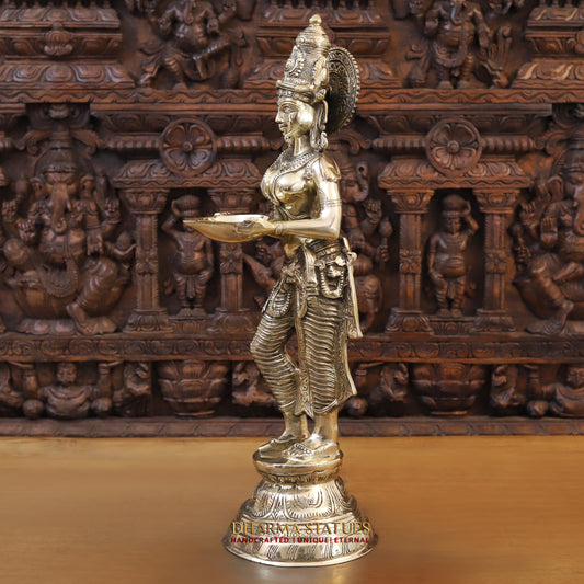 Brass Lakshmi standing with lamp, Golden Finish, 28"