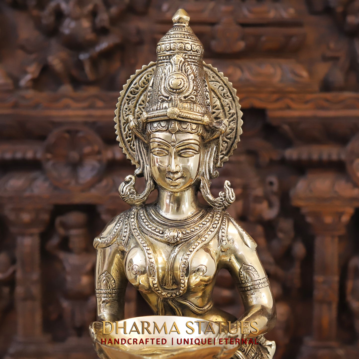 Brass Lakshmi standing with lamp, Golden Finish, 28"