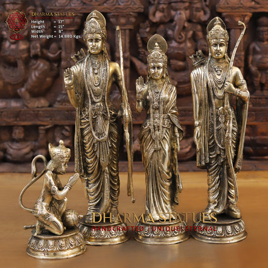 Brass Ram Darbar - Lord Ram, Sita and Laxman With Hanuman seated, Golden Finish, 17"