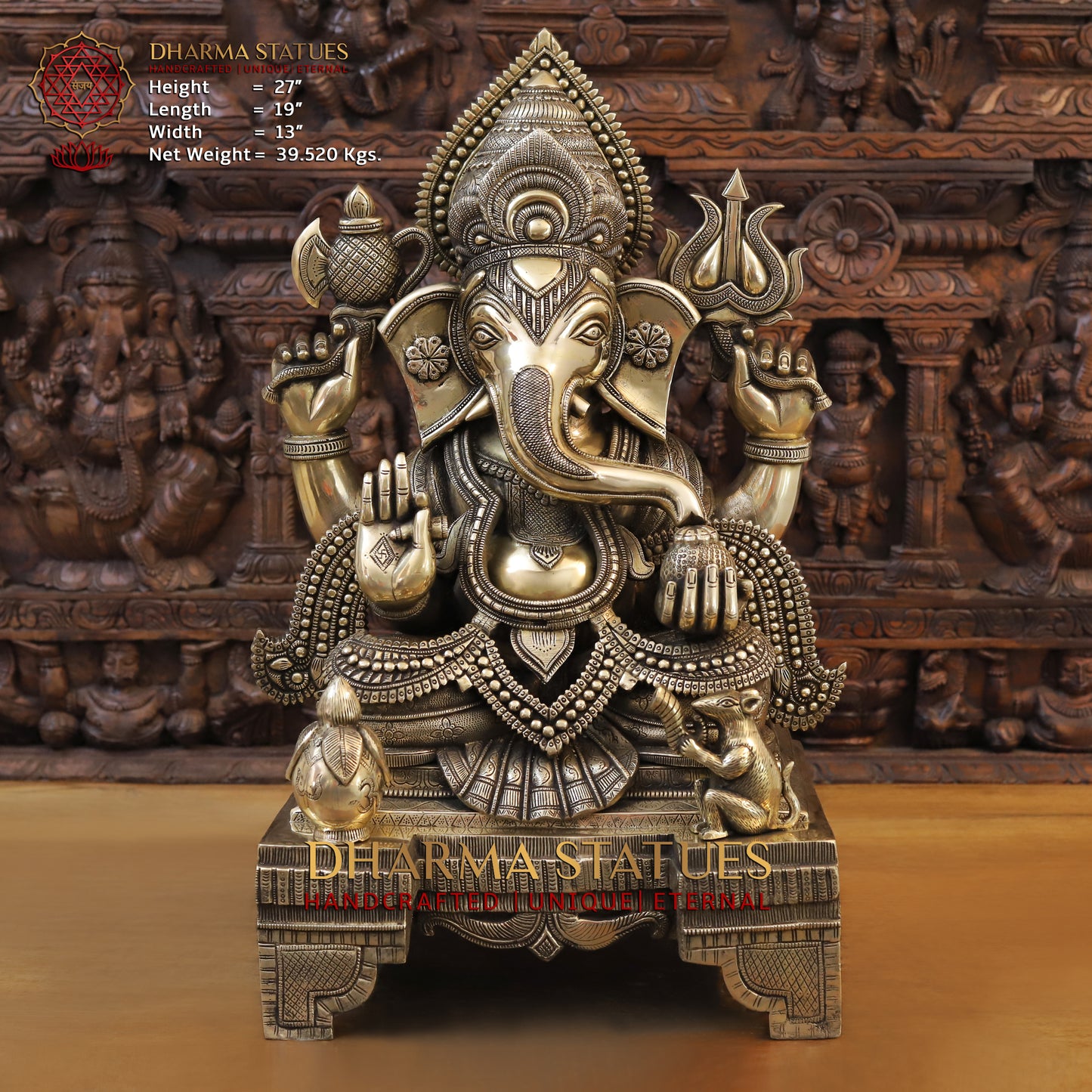 Brass Ganesh seated on Chowki, Golden Finish, 27"