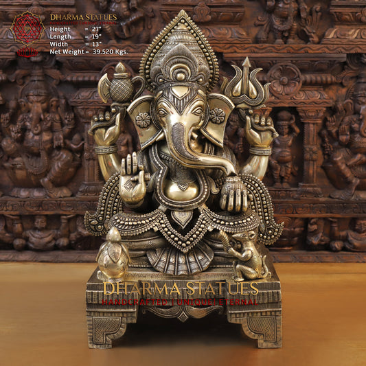 Brass Ganesh seated on Chowki, Golden Finish, 27"
