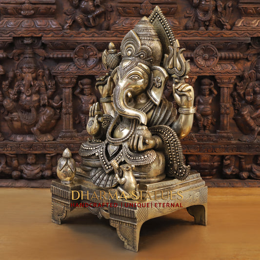 Brass Ganesh seated on Chowki, Golden Finish, 27"