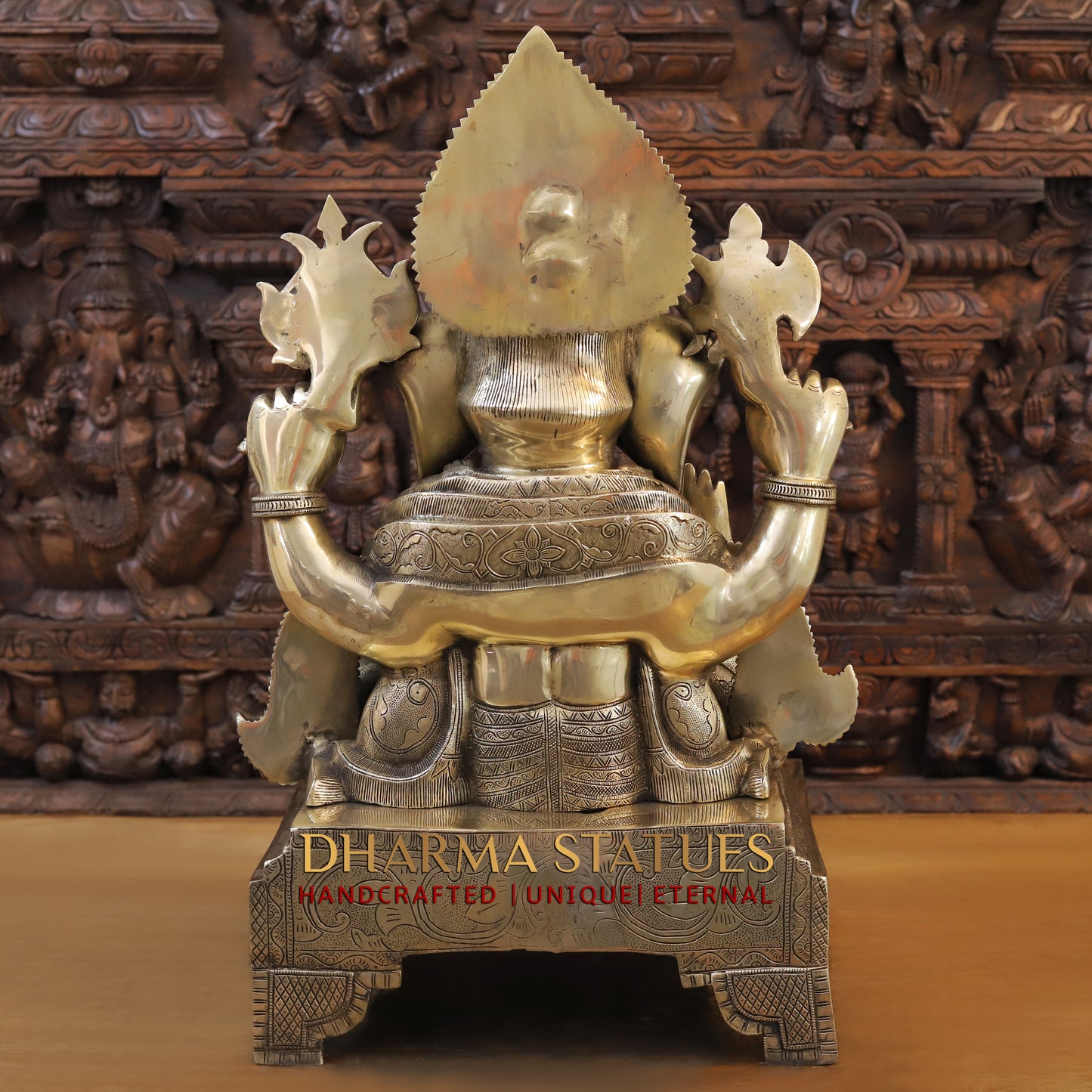 Brass Ganesh seated on Chowki, Golden Finish, 27"