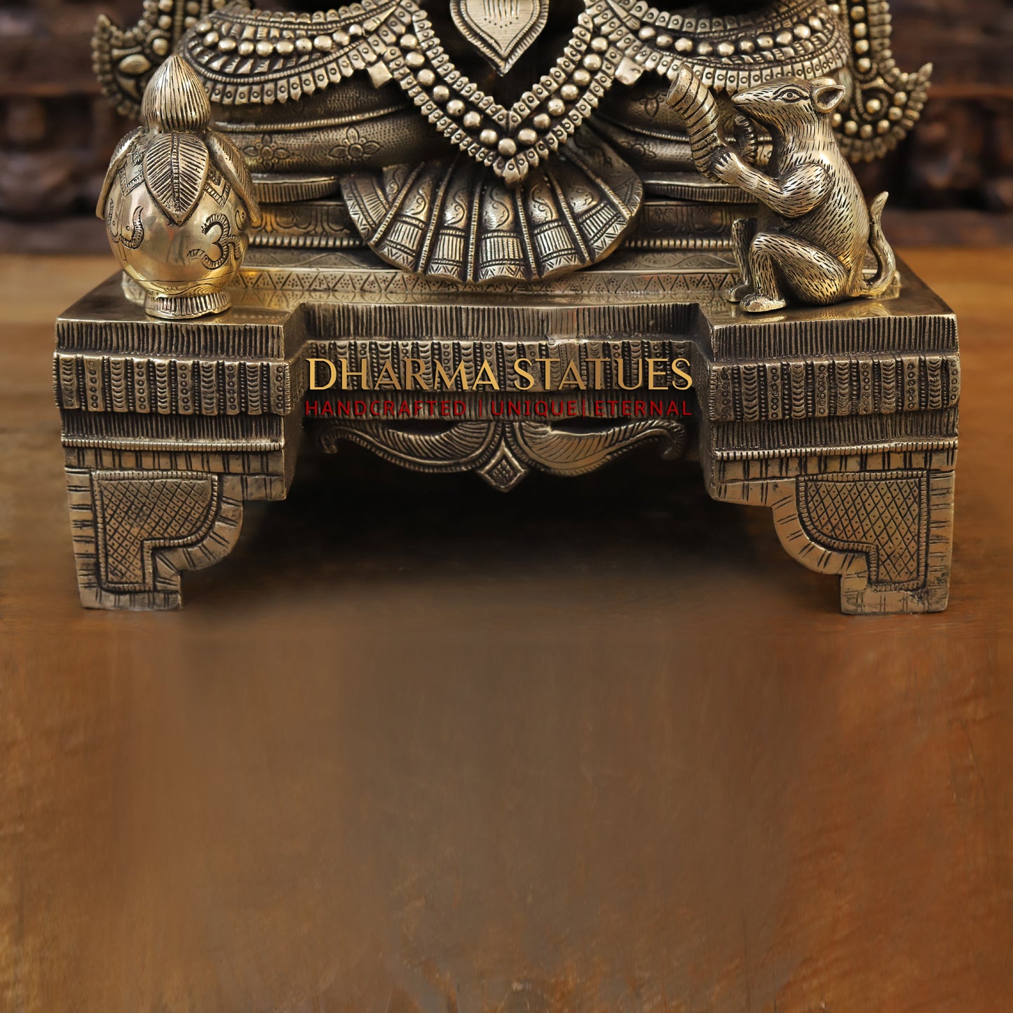 Brass Ganesh seated on Chowki, Golden Finish, 27"