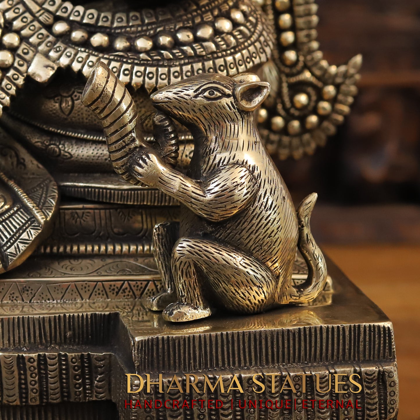 Brass Ganesh seated on Chowki, Golden Finish, 27"