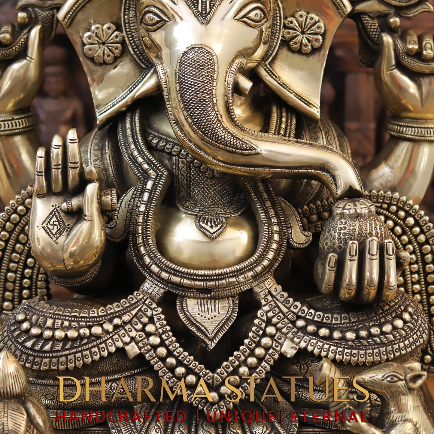Brass Ganesh seated on Chowki, Golden Finish, 27"