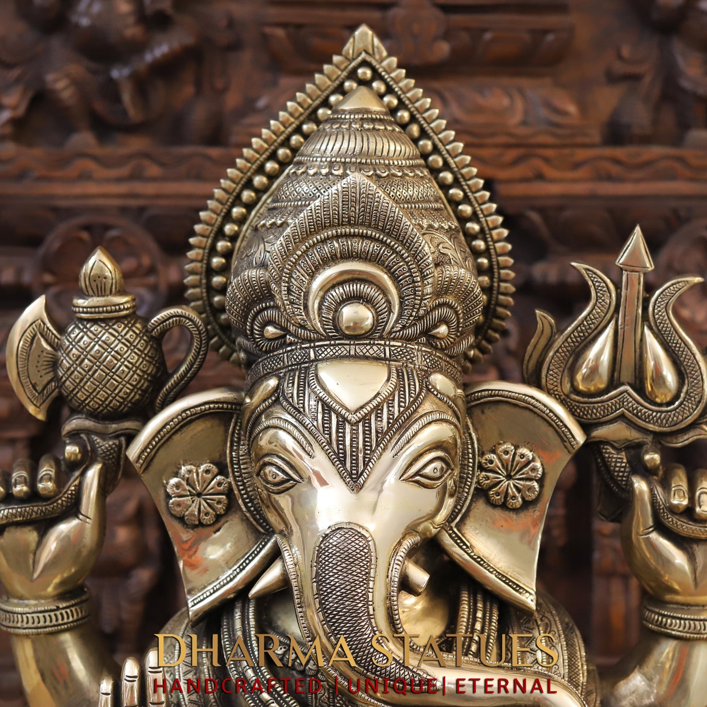 Brass Ganesh seated on Chowki, Golden Finish, 27"