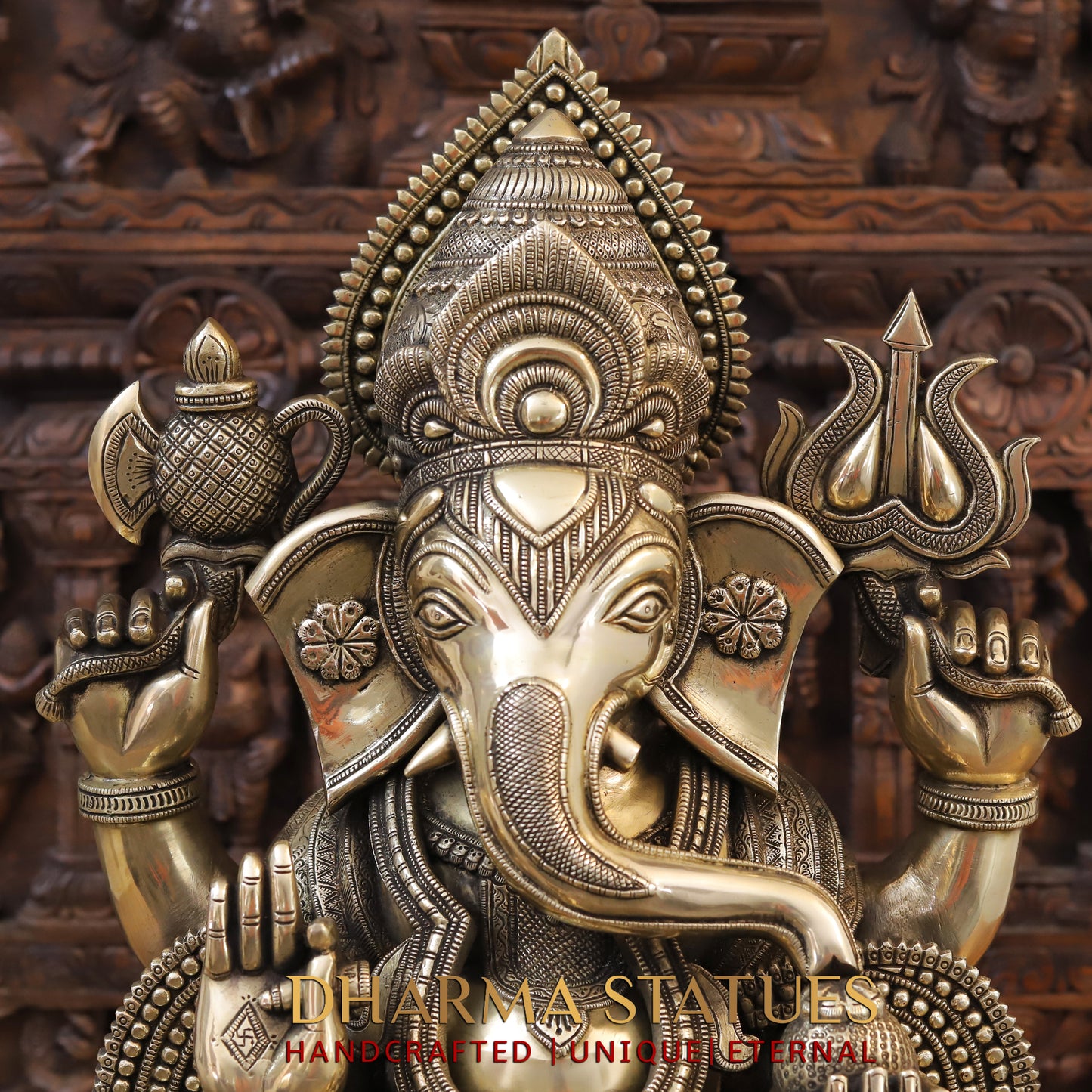 Brass Ganesh seated on Chowki, Golden Finish, 27"