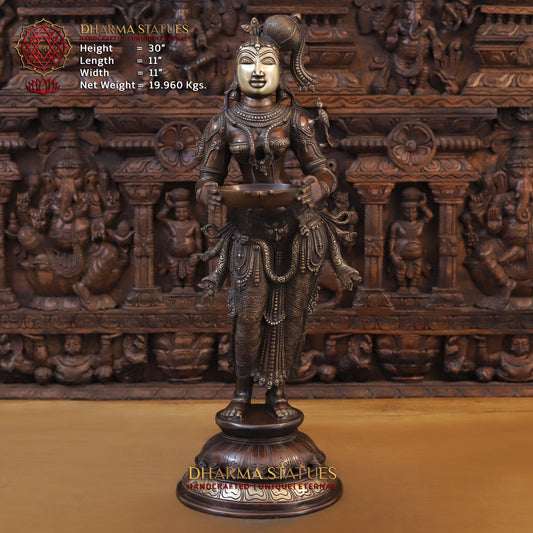 Brass Deeplakshmi holding Lamp, Copper & Golden Finish, 30"