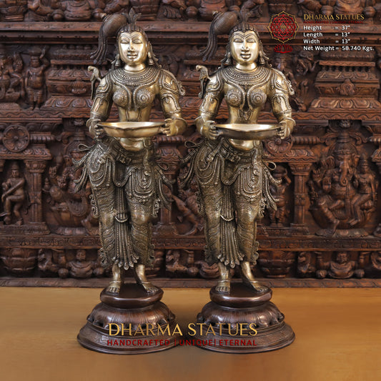 Brass Deeplakshmi holding Lamp, Copper & Golden Finish, 37"
