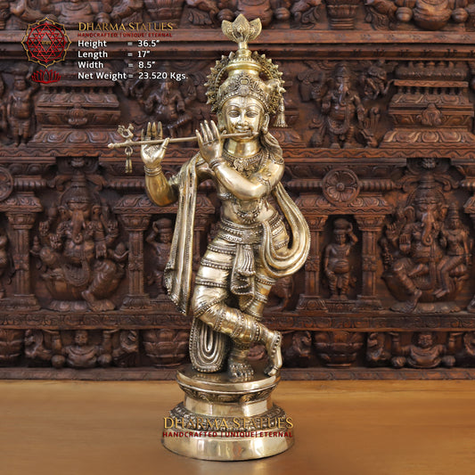 Brass Krishna Playing Flute, Fine Golden Finish, 36.5"