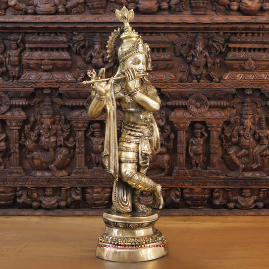 Brass Krishna Playing Flute, Fine Golden Finish, 36.5"