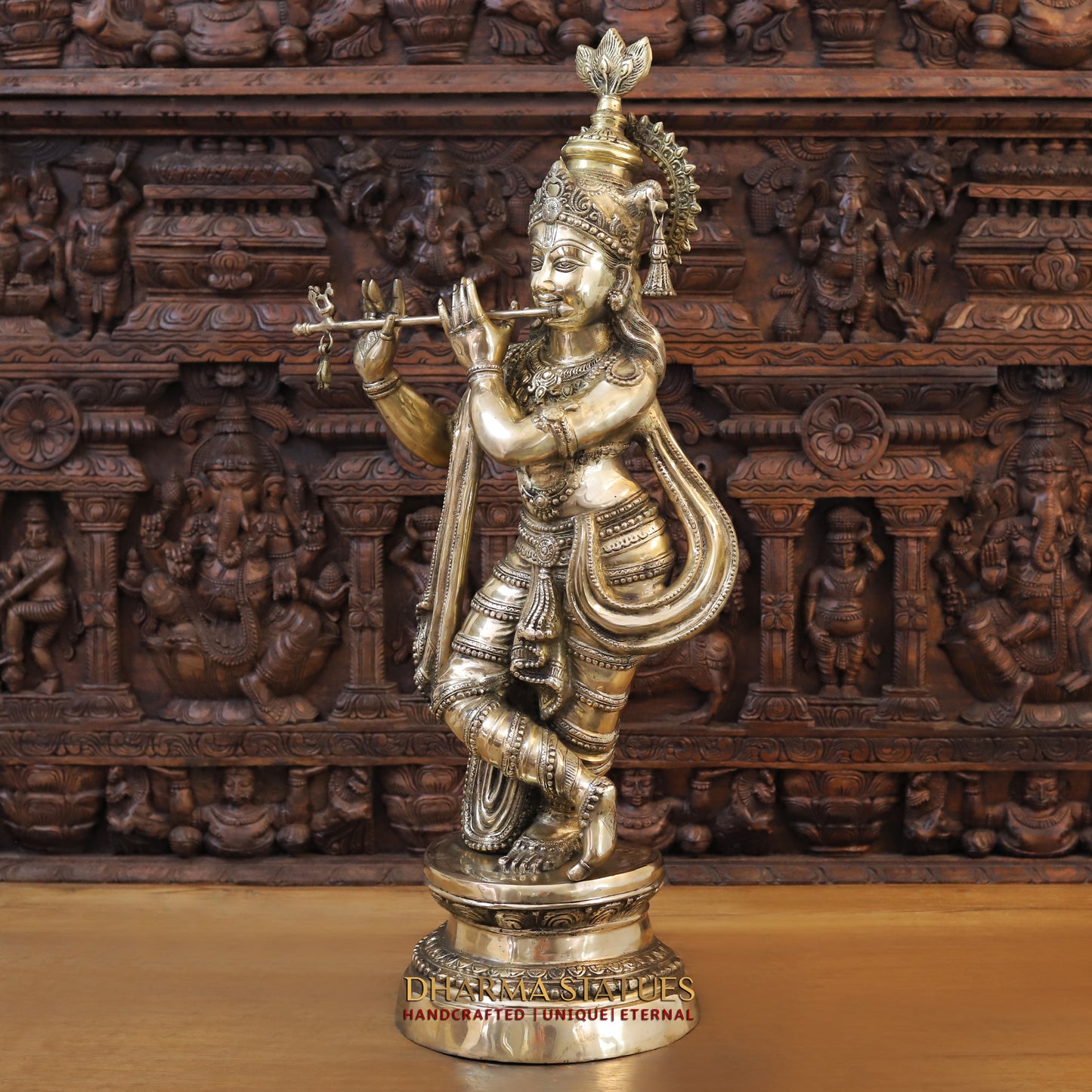 Brass Krishna Playing Flute, Fine Golden Finish, 36.5"