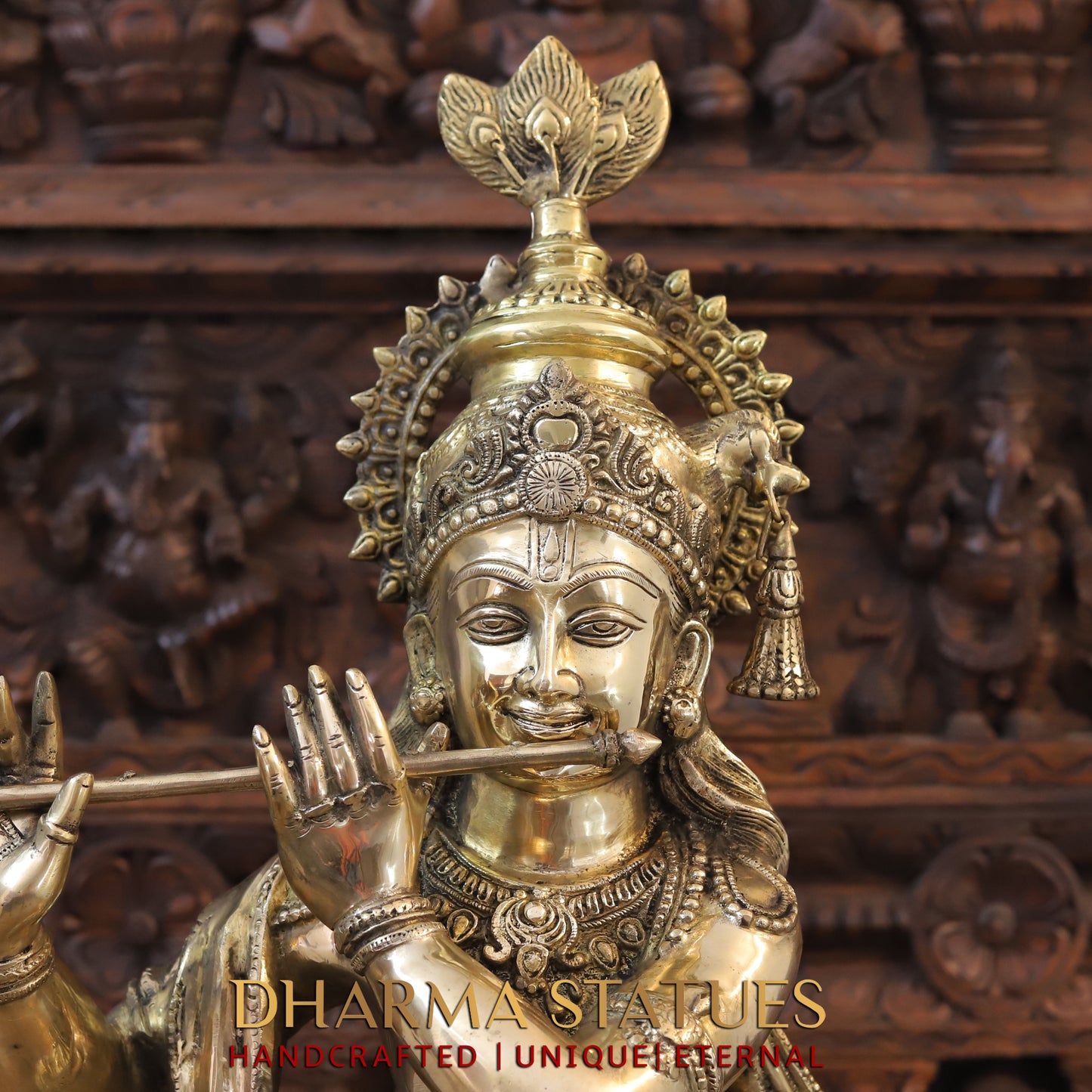 Brass Radha & Krishna Playing Flute, Fine Golden Finish, 36.5"