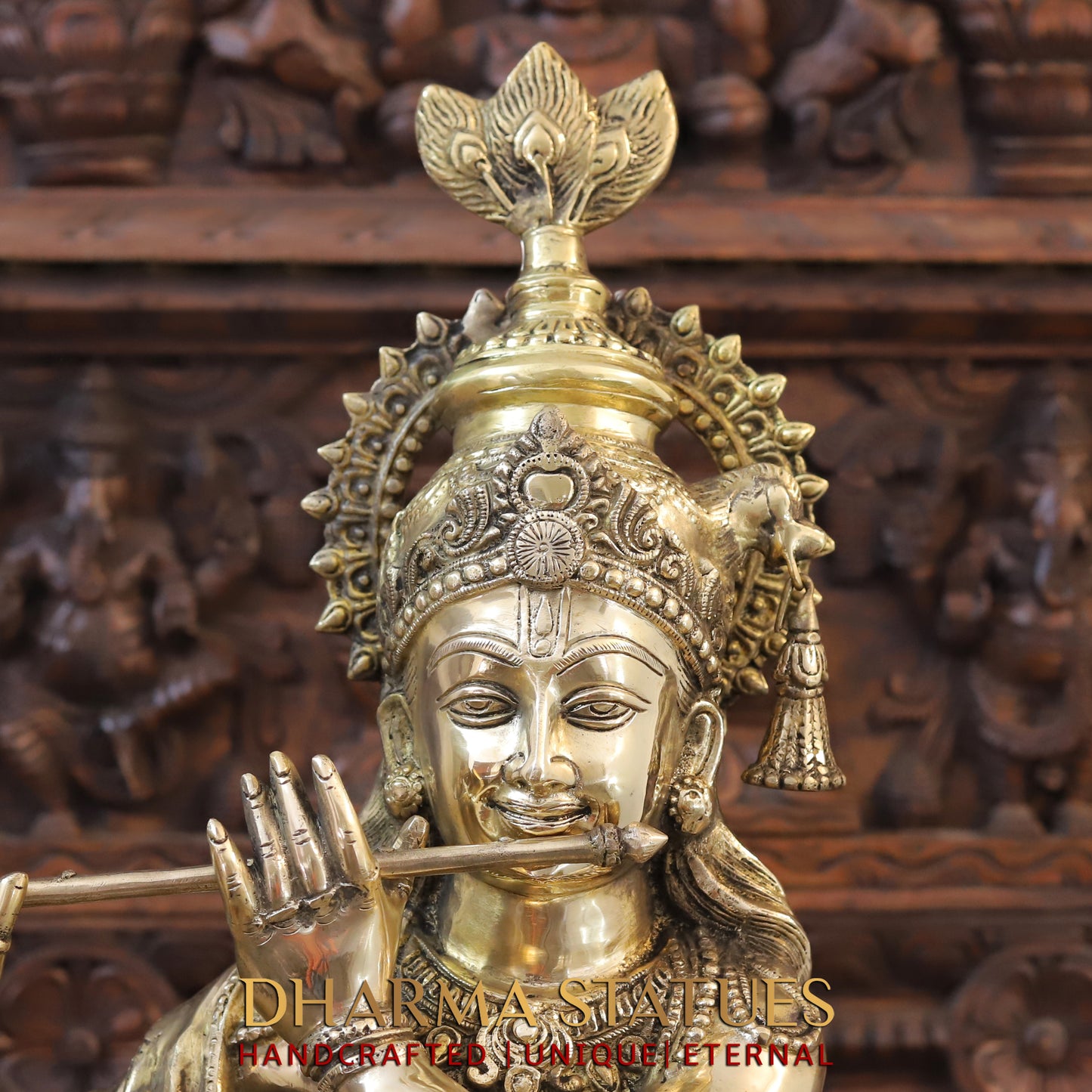 Brass Krishna Playing Flute, Fine Golden Finish, 36.5"