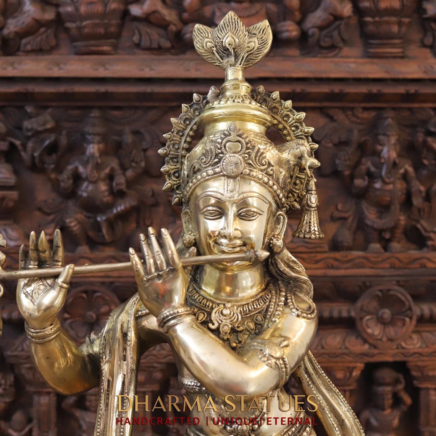 Brass Radha & Krishna Playing Flute, Fine Golden Finish, 36.5"