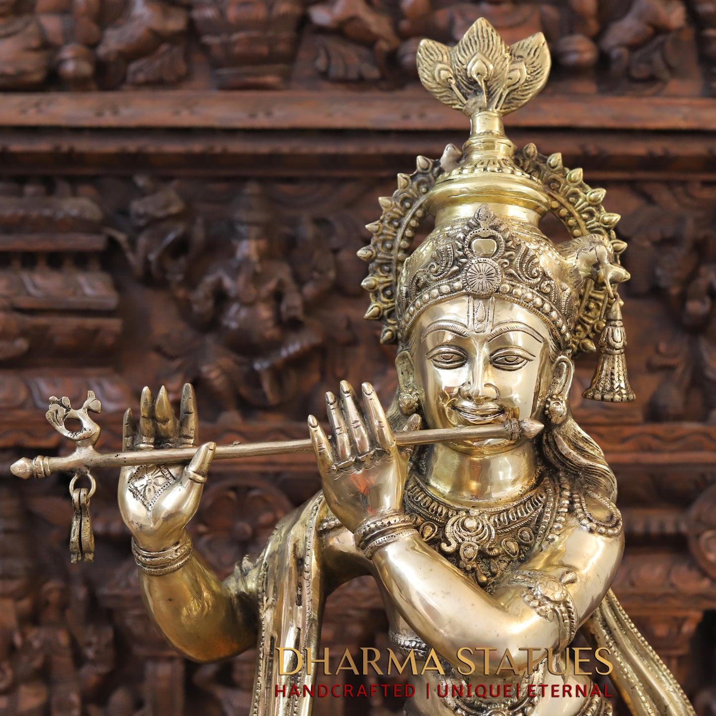 Brass Krishna Playing Flute, Fine Golden Finish, 36.5"