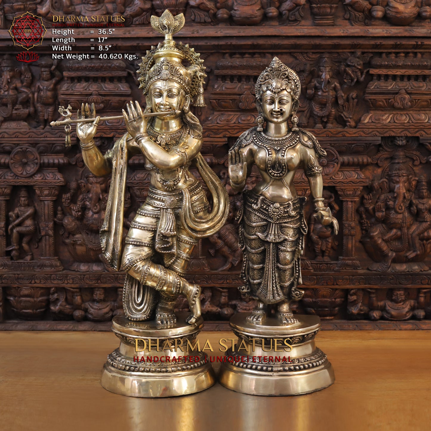 Brass Radha & Krishna Playing Flute, Fine Golden Finish, 36.5"