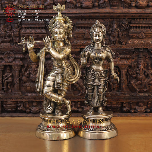 Brass Radha & Krishna Playing Flute, Fine Golden Finish, 36.5"