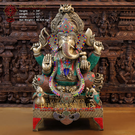 Brass Ganesh Idol, Blessing Ganesha Seated on Chowki, Fine Golden and Stone work 34"