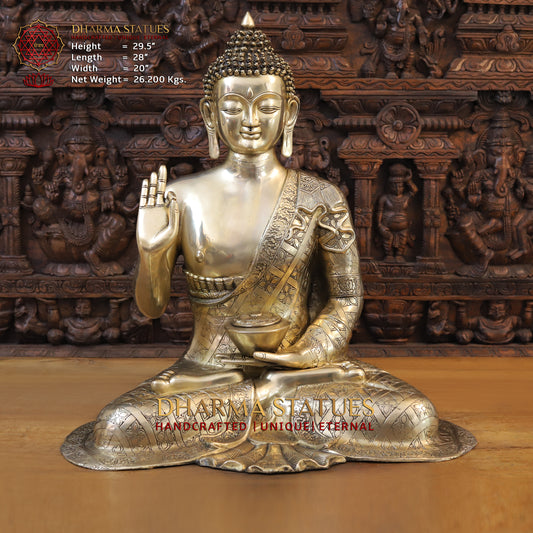 Brass Buddha seated in Blessing Posture, Golden Finish, 29.5"