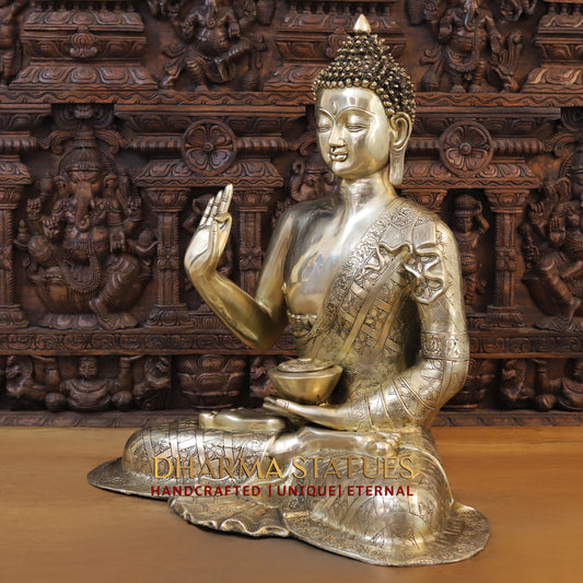Brass Buddha seated in Blessing Posture, Golden Finish, 29.5"