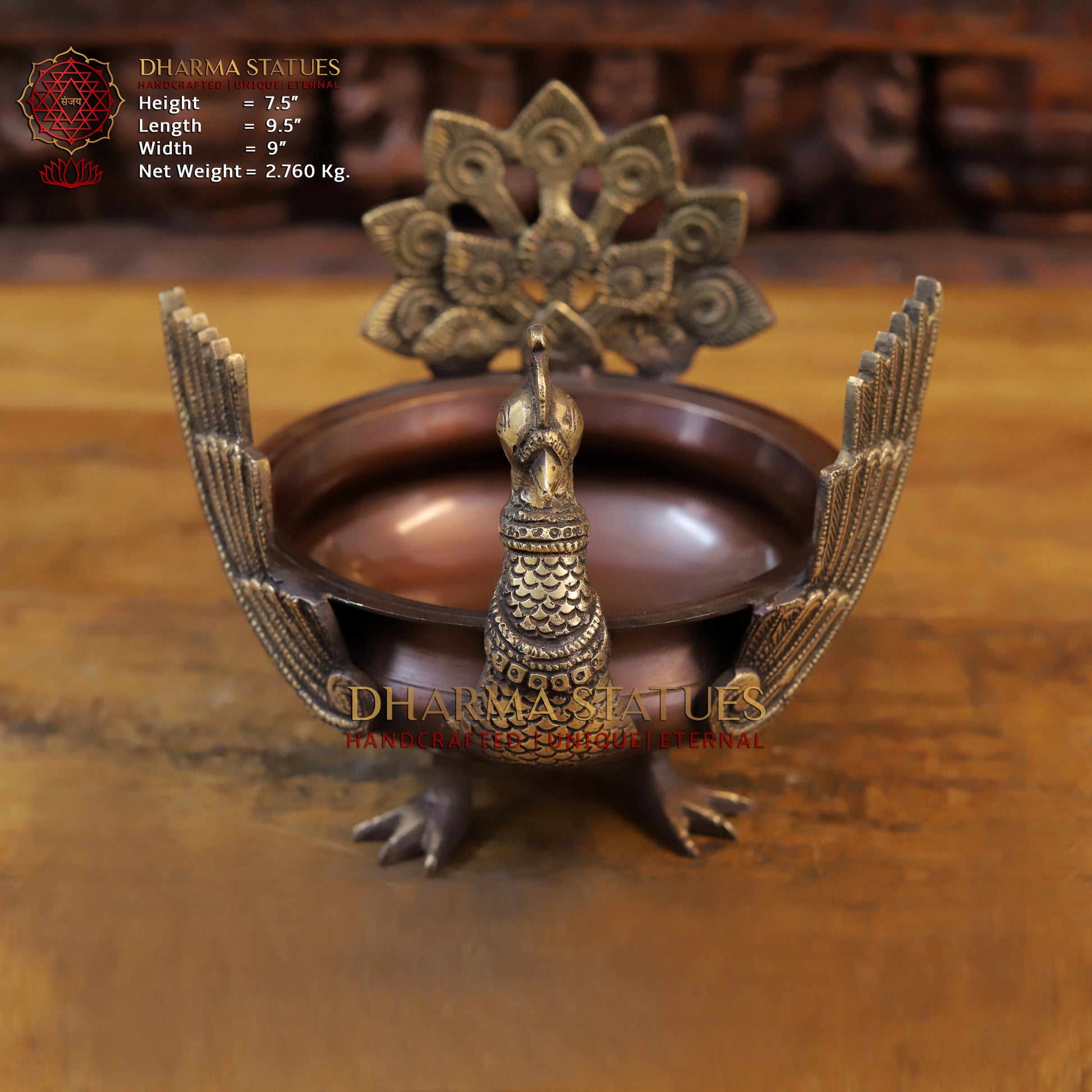 Brass Peacock Urli, Copper & Golden Finish, 7.5" Front View