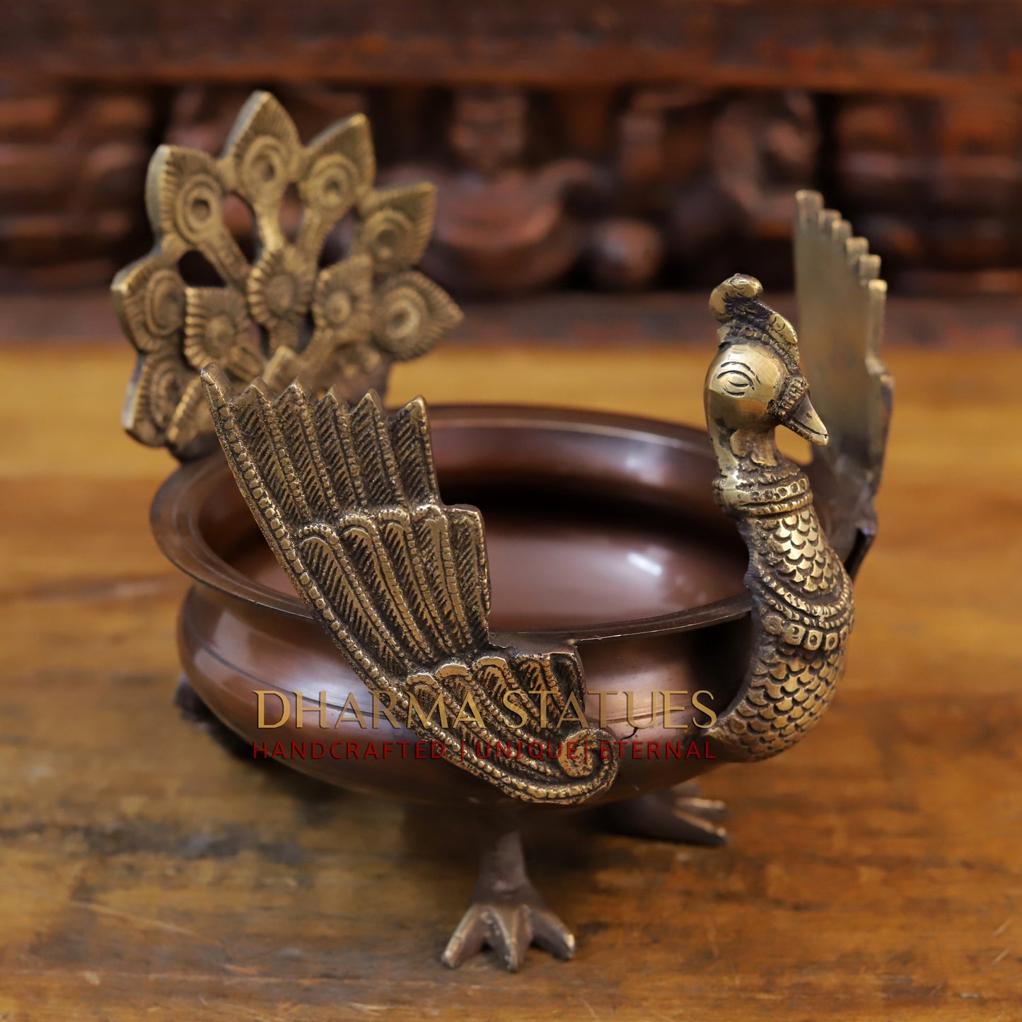 Brass Peacock Urli, Copper & Golden Finish, 7.5"