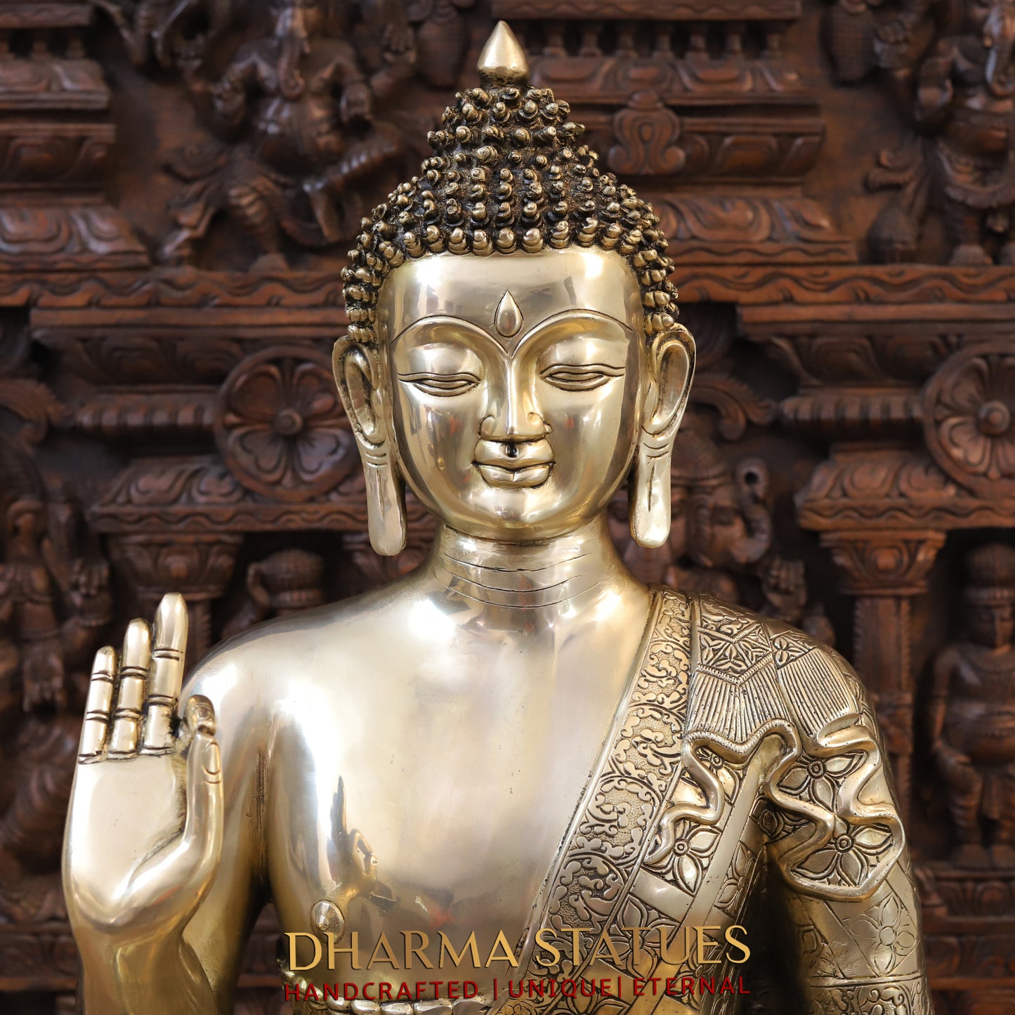Brass Buddha seated in Blessing Posture, Golden Finish, 29.5"